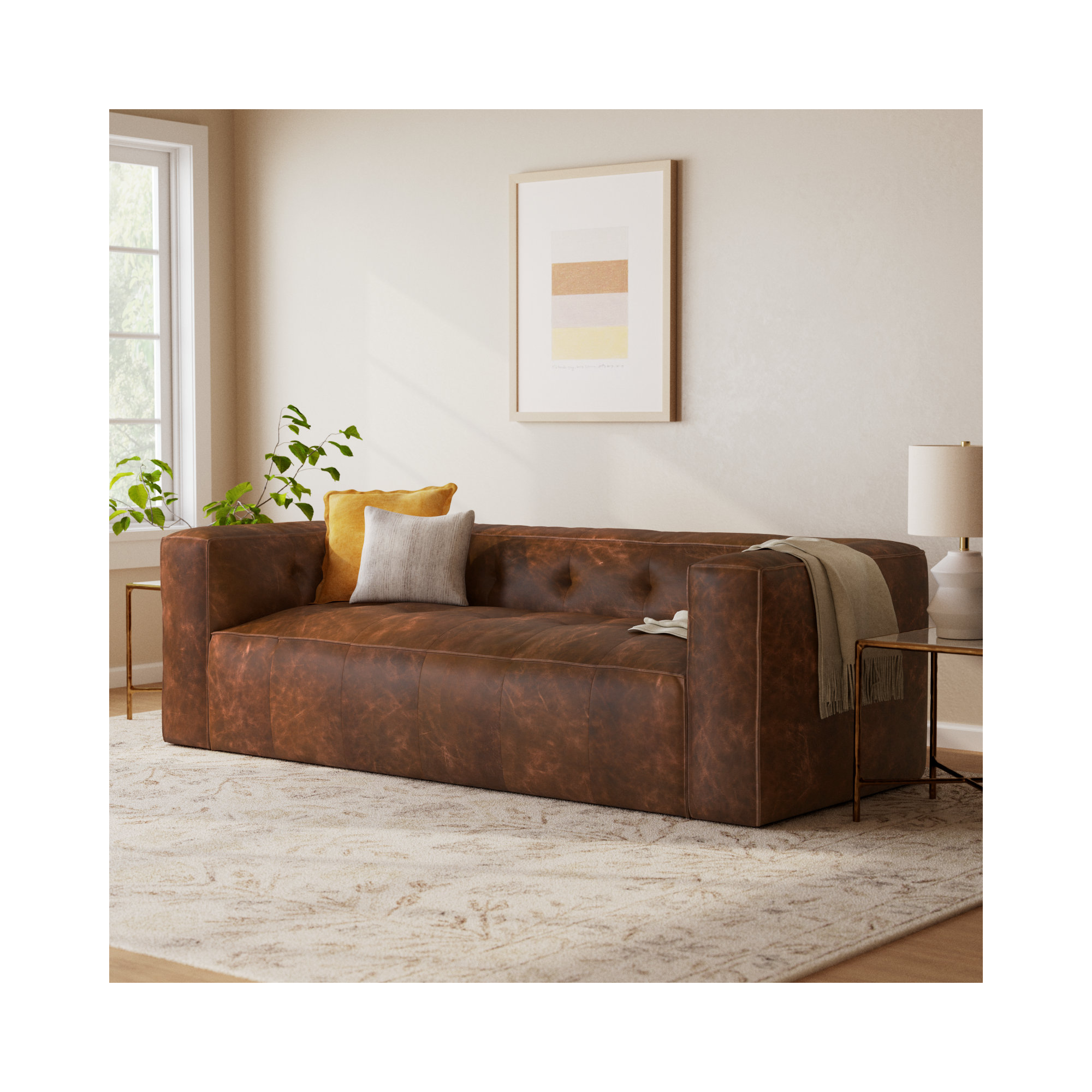  92'' Full-Grain Genuine Italian Leather Square Arm Sofa, Chocolate Brown Genuine Leather
