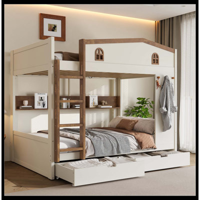Queen Over Queen Bunk Bed With Storage Drawers And Shelves, Solid Wood Bunk Beds With Hooks, No Box Spring Needed, Beige&Natural
