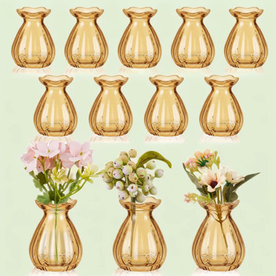 Glass Bud Vase Mini Set for Fresh Flowers, Amber Colored Decorative Vases with Flower Shaped Rim, Chic Striped Accent for Boho Farmhouse Home Decor, Tabletop Centerpiece for Wedding and Party Favors