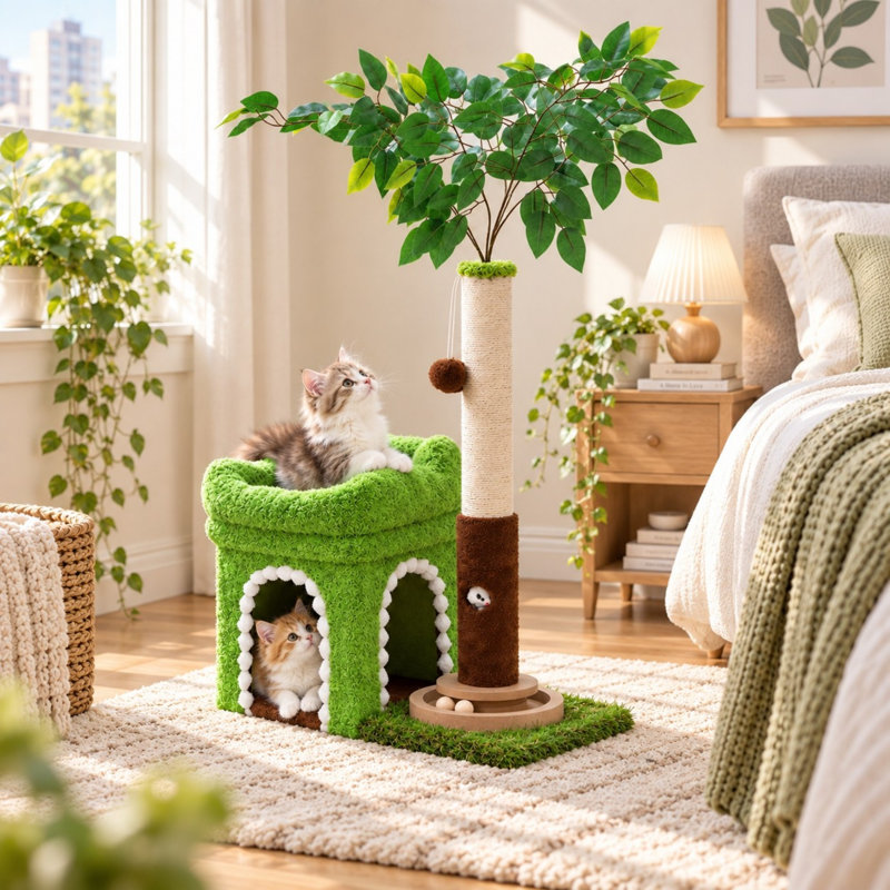 Small Green Cat Tree with Scratching Post, Plush Bed and Interactive Toys