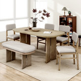 Solid Wood Dining Table Set With Bench - 6-Piece Upholstered Rectangular Dining Room Table Set With Bench