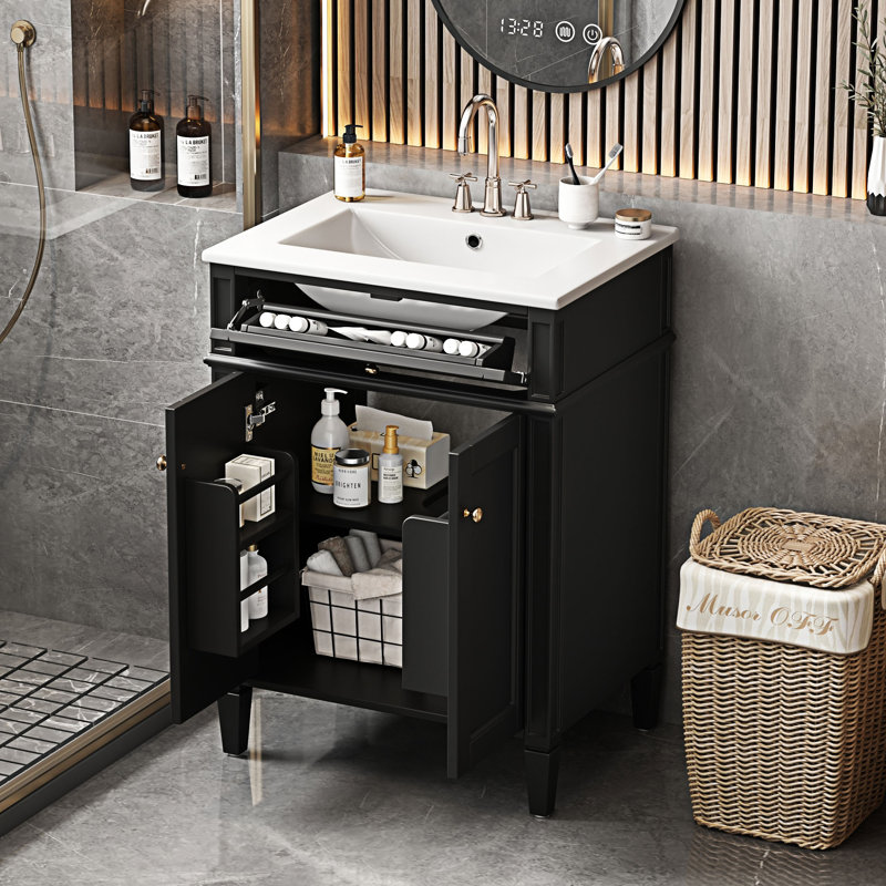 Meuble-lavabo de salle de bain avec portes, tiroir basculant et lavabo, Noir, Doré
