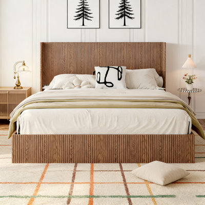 Structure de lit avec rangement relevable et plateforme en bois rainurée - aucun sommier nécessaire, conception ultra silencieuse et anti-grincement
