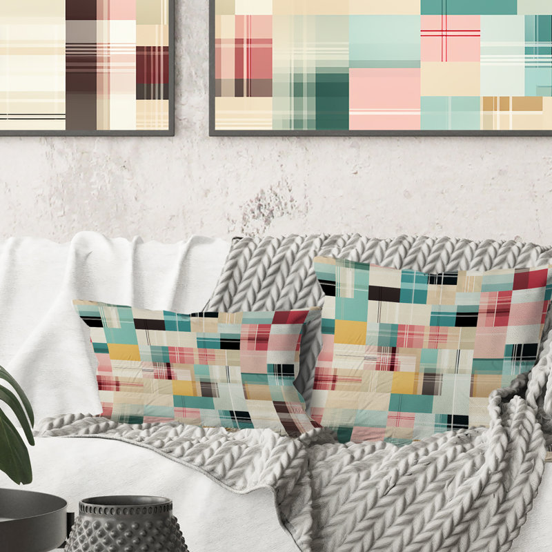 Coussin rétro en polyester à carreaux pastel