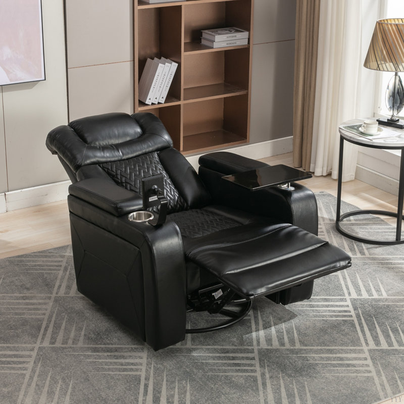 270 Degree Swivel PU Leather Power Recliner Individual Seat Home Theater Recliner With Tray Table,  Phone Holder, Cup Holder,  USB Port, Hidden Arm Storage For Living Room