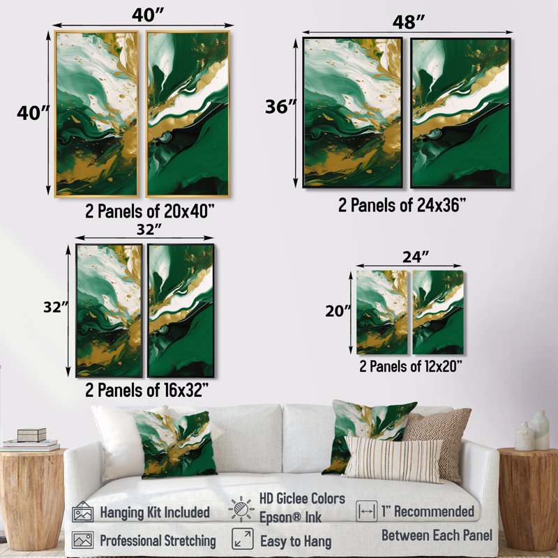 Vert et or liquide Magic II - art mural abstrait, Brun, H 36 po x l 48 po, Impression encadrée flottante
