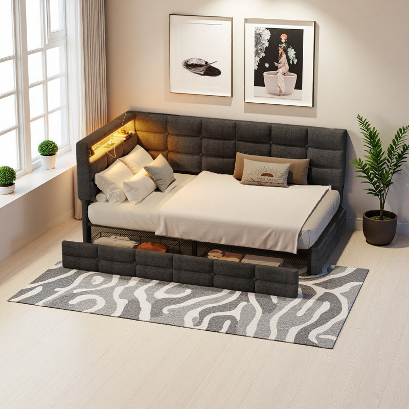 Upholstered Twin Size Daybed With Storage 2 Drawers And Charging Station, Day Bed Frame With LED Lights And Storage Headboard, No Box-Spring Needed
