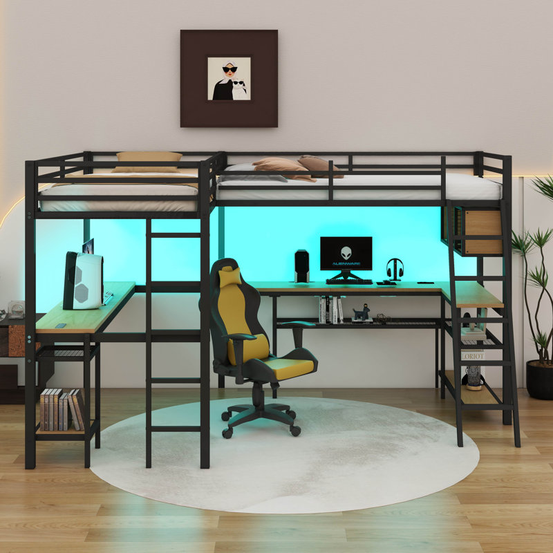 Lit mezzanine simple en forme de L avec DEL, stations de charge et 2 bureaux intégrés