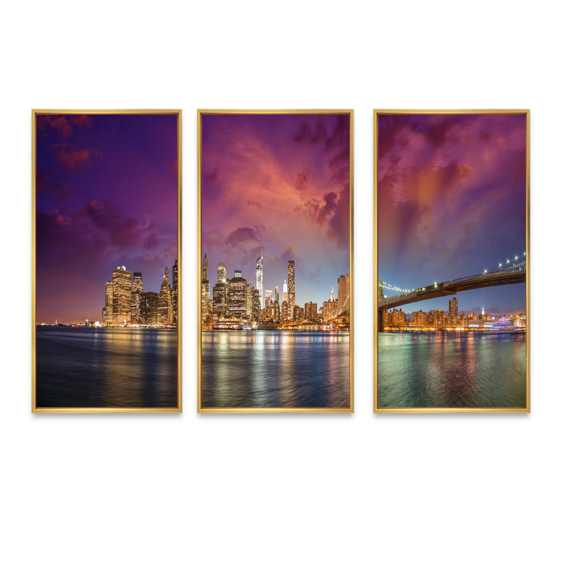 New York Manhattan, ensemble de 3 toiles d'art encadrées sur toile, H 28 po x l 36 po x P 1 po, Encadrement doré