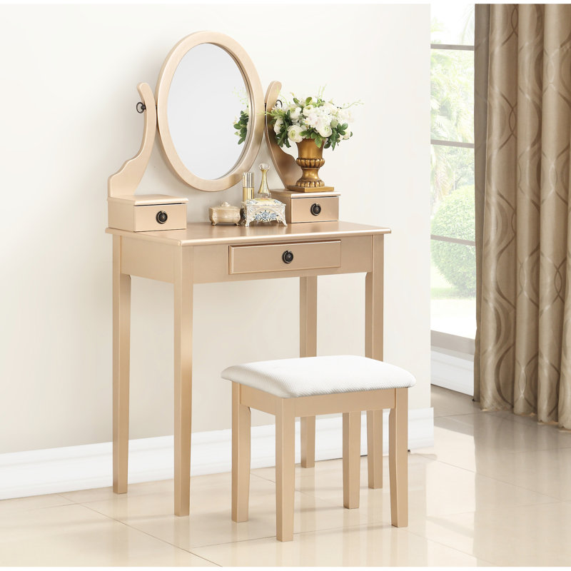 Sparkling Gold Makeup Vanity Table And Stool, 3 Drawers, Adjustable Mirror Fancy Storage, Gold