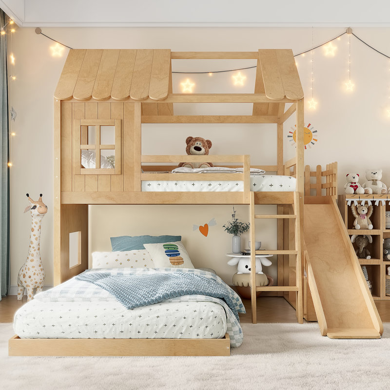 House-Style Wooden Bunk Bed with Slide, Storage Shelves & Wardrobe, Natural