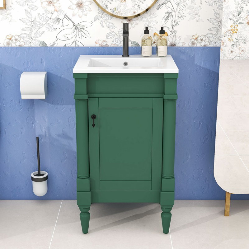 Meuble-lavabo simple autoportant moderne avec lavabo en céramique et grand rangement, Vert