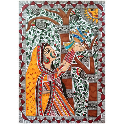 Dame avec oiseau Madhubani peignant des marqueurs d'alcool et des fineliners sur papier par Ruchi