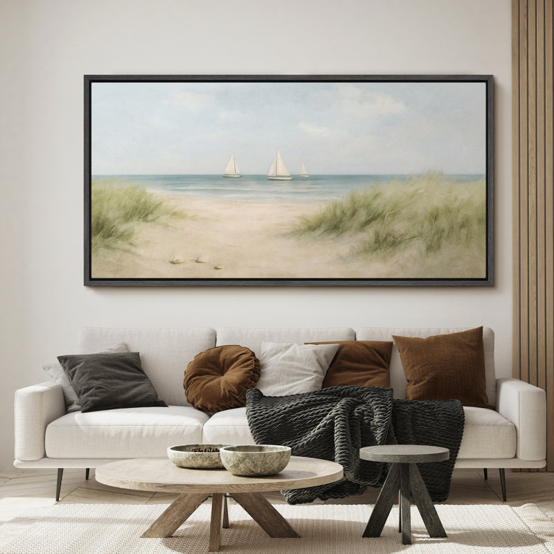 Voiliers tranquilles sur la côte, toile encadrée - doux paysage côtier avec dunes et mer, Noir, H 30 po x l 60 po