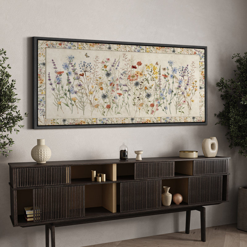«Vibrant Wildflower Botanical Elegance», reproduction florale foncée encadrée, H 30 po x l 60 po, Noir, noir, noir, noir