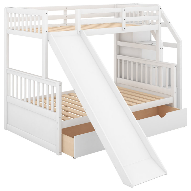 Lit superposé multifonctionnel avec tiroirs de rangement et glissière, simple sur double, H 61,4 po, Blanc