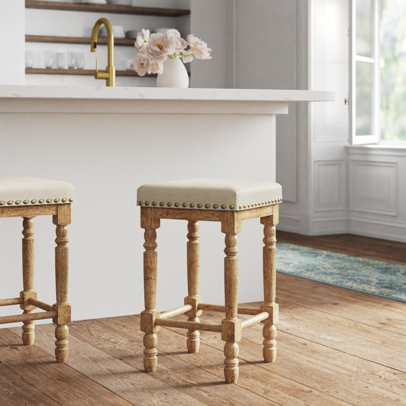 Tabouret de bar et de comptoir Asyiah, Bois flottant et tissu taupe, Tabouret de comptoir (assise à une hauteur de 26,