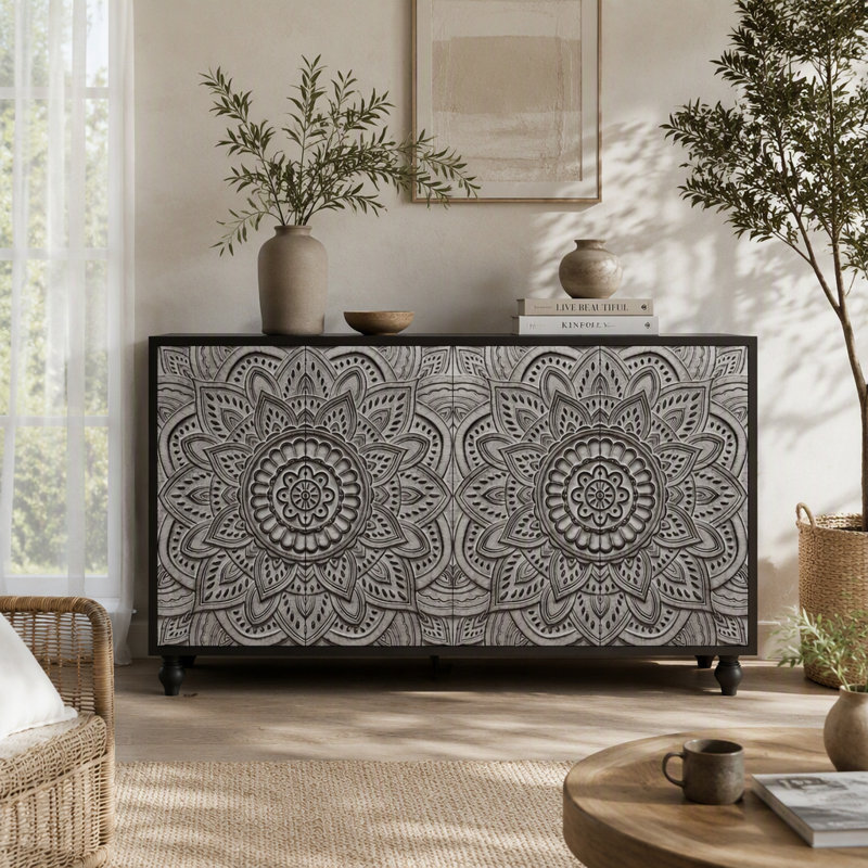 Buffet mandala en relief 3D, dosseret de style champêtre à 4 portes avec portes à ouverture par pression, meuble de rangement réglable avec pieds en bois tourné