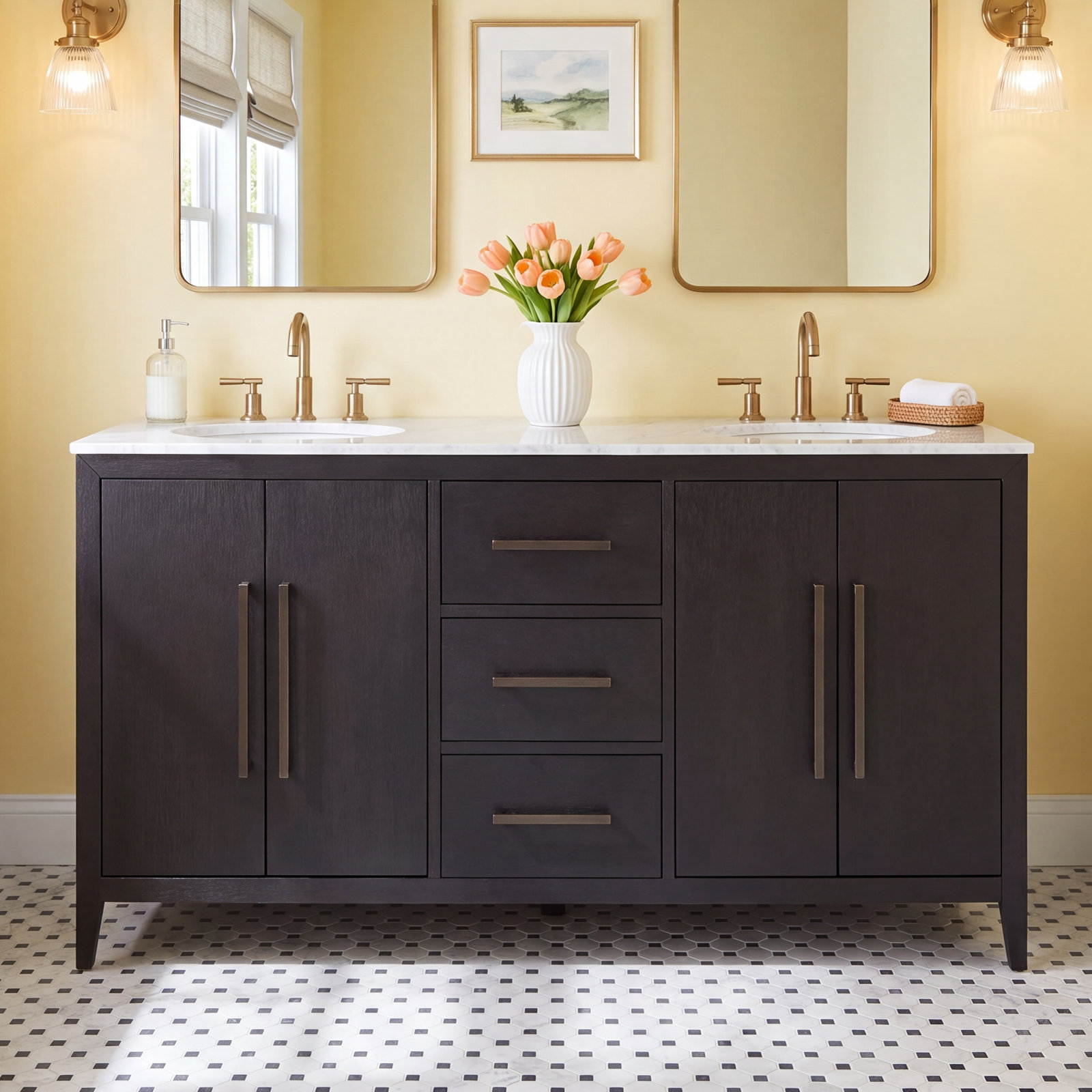 Alsup 60" Carrara Marble Double Bathroom Vanity, Wire Brushed Dark Oak