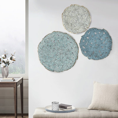 3 Metal Wall Decor With Textured Feather In Blue - 20", 17.25", 14.25" , Indoor Decorative Art Disc Blue, Use, Hook Ring Hangers