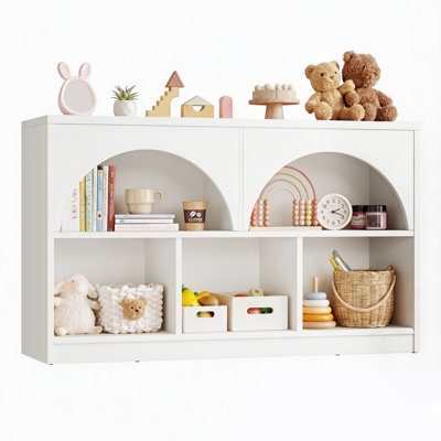 43.3" Arched Kids Bookshelf and Toy Storage Organizer, 5-Compartment Montessori Shelf Low Bookcase with Open Shelves and 3 Cubbies