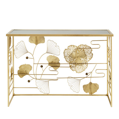 Lenssen Gold Finish Peony And Ginkgo Console Table With Mirror Top
