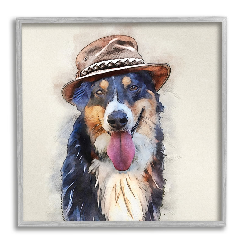 Collie chien, chapeau brun, animal de compagnie, art de la giclée noire encadrée par Kim Curationa
