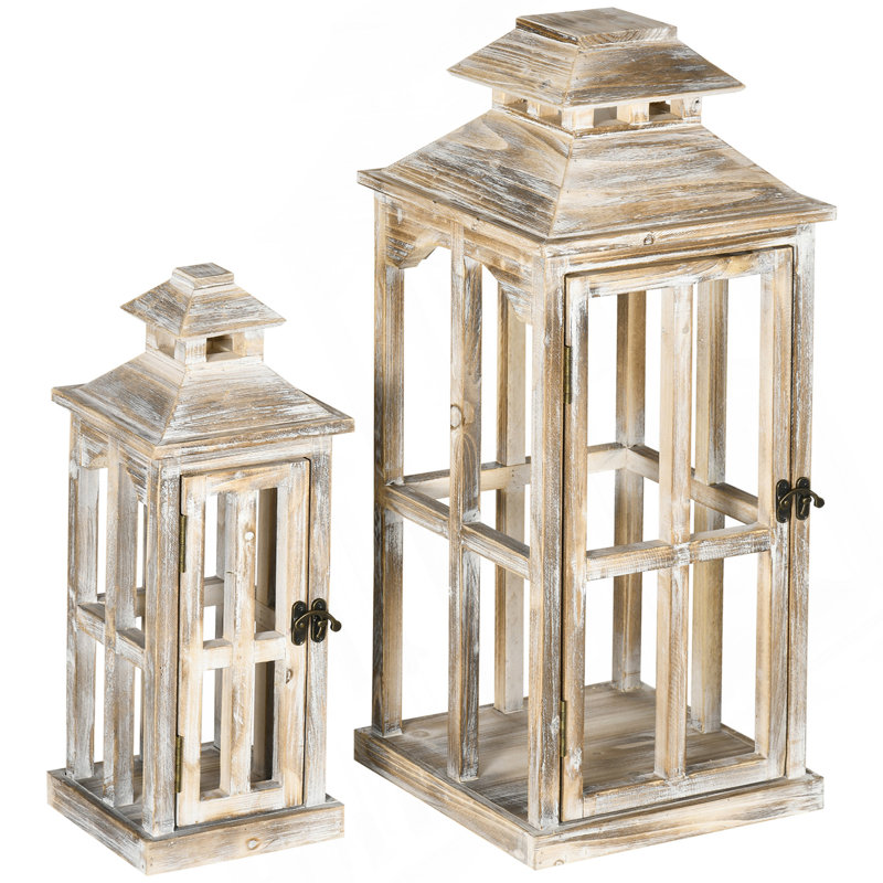 2 Pack 28"/20" Large Rustic Wooden Lantern Decorative, Indoor/Outdoor Lantern For Home Décor (No Glass), Natural