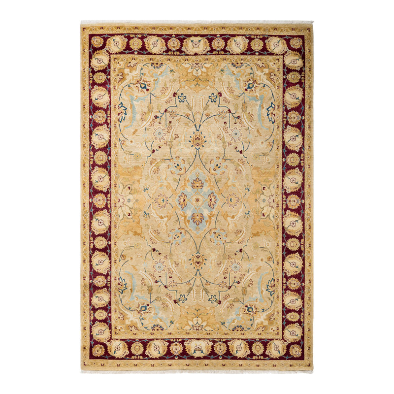 Tapis traditionnel doré noué à la main de conception unique 6 pi 2 po x 8 pi 10 po Keller
