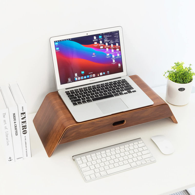 Walnut Wood Monitor Stand with Drawer and Buffer Rail