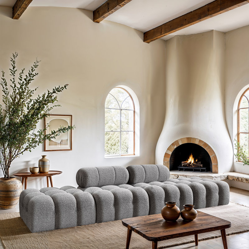 Ames Upholstered Sofa, Grey Boucle Fabric, 2 Armless, 2 Ottoman