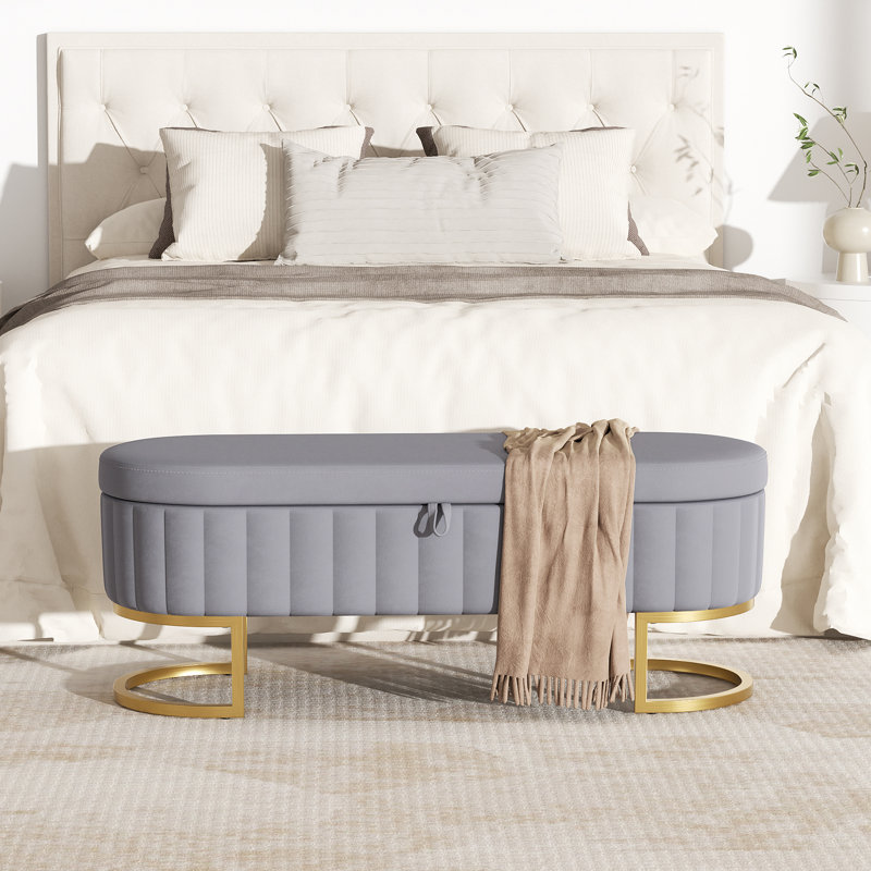 Banc de rangement rembourré en velours avec pieds en fer en forme de fer à cheval pour le salon: solution de bout de lit élégante et fonctionnelle
