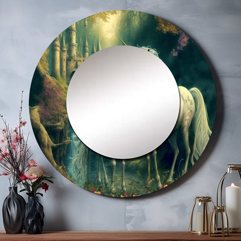 Sarigurie de deux gracieuses licornes dans un paysage fantastique - miroir cheval, miroir mural décoratif rond moderne, impression d'art en métal