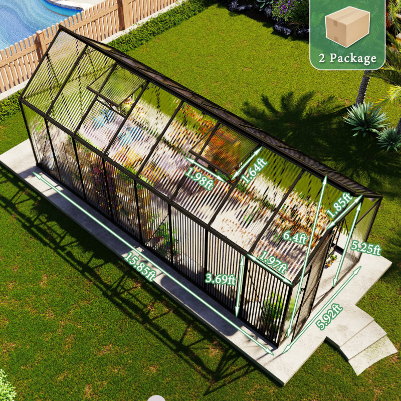 6 × 16 Ft Walk-in Polycarbonate Greenhouse With Aluminum Frame, 2 Windows & Swing Door, Heavy-duty Outdoor Garden Structure – Black