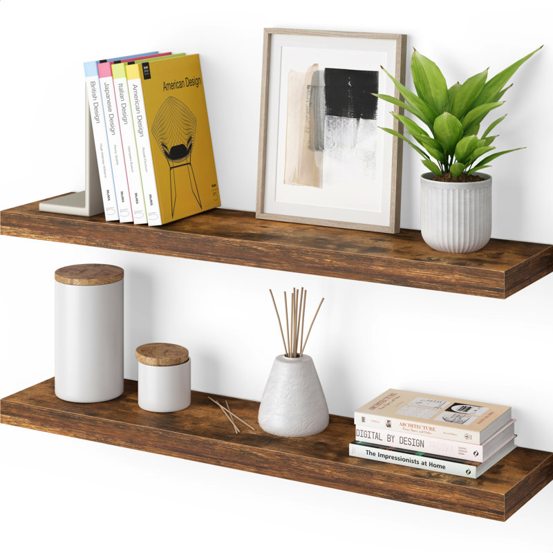 Rustic Brown Wood Floating Shelves with Invisible Brackets, Set of 2