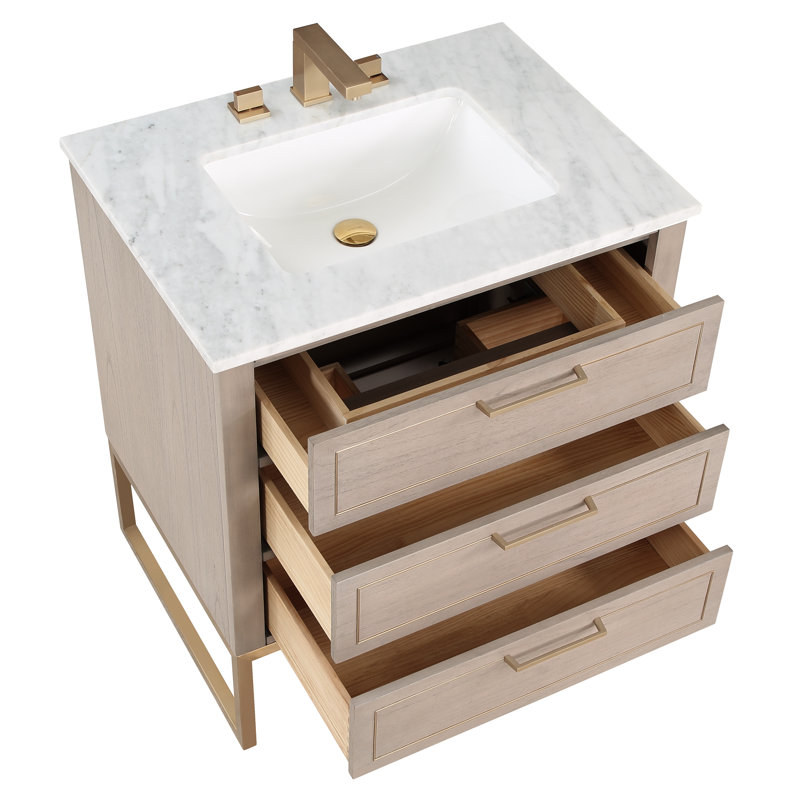 Ensemble de meuble-lavabo simple 30 po Markham, Marbre de Carrare, Gris cachemire, Laiton satiné