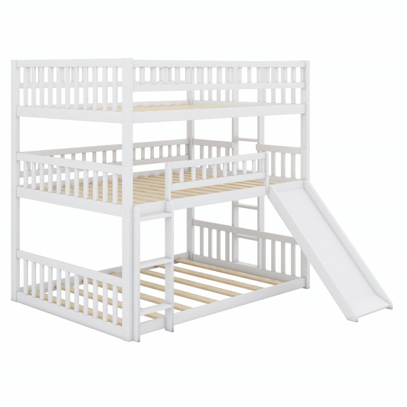Triple Bed With Built-In Ladder,Slide And Guardrails, White