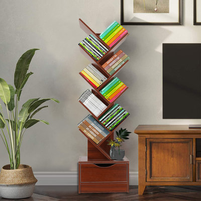 Bibliothèque avec tiroir, bibliothèque d'arbre à 9 niveaux, organisateur de rangement de livre moderne, bibliothèque autoportante pour arbre, tablettes utilitaires pour la maison, le bureau, le salon, la chambre à coucher, style rustique