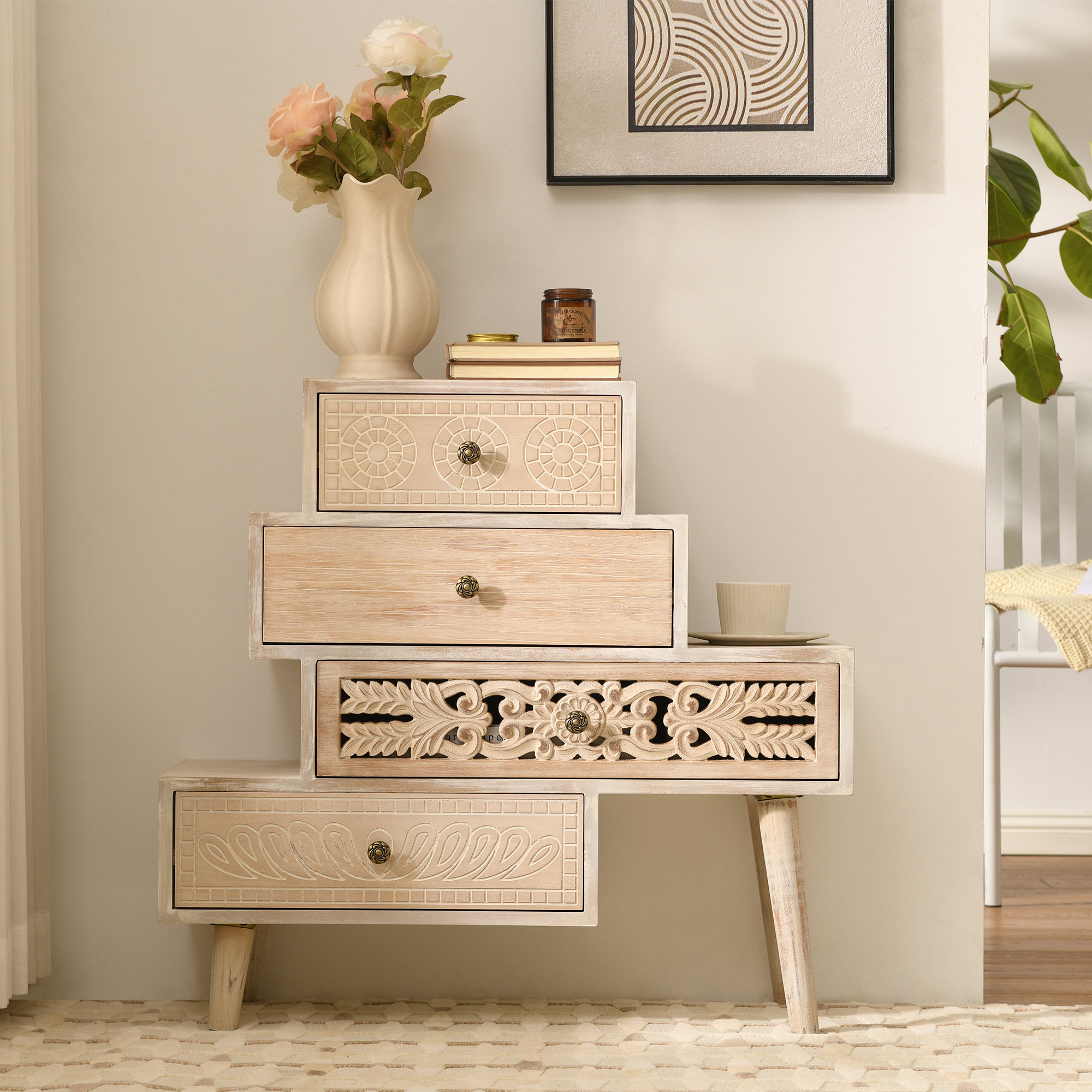 Ophelia & Co. Cayden Farmhouse 4-Drawer Rustic Natural Wood Accent Chest,Handcrafted Cabinet & Reviews | Wayfair