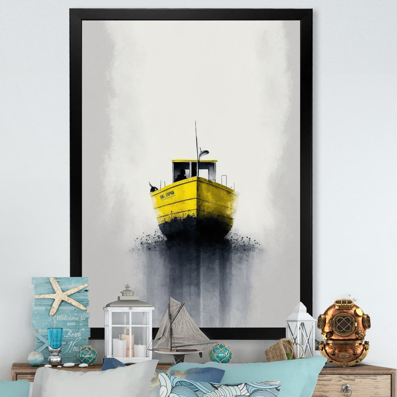 Décoration murale bateau de brouillard jaune sur le lac III - Bateau côtier, Impression noire sur toile encadrée