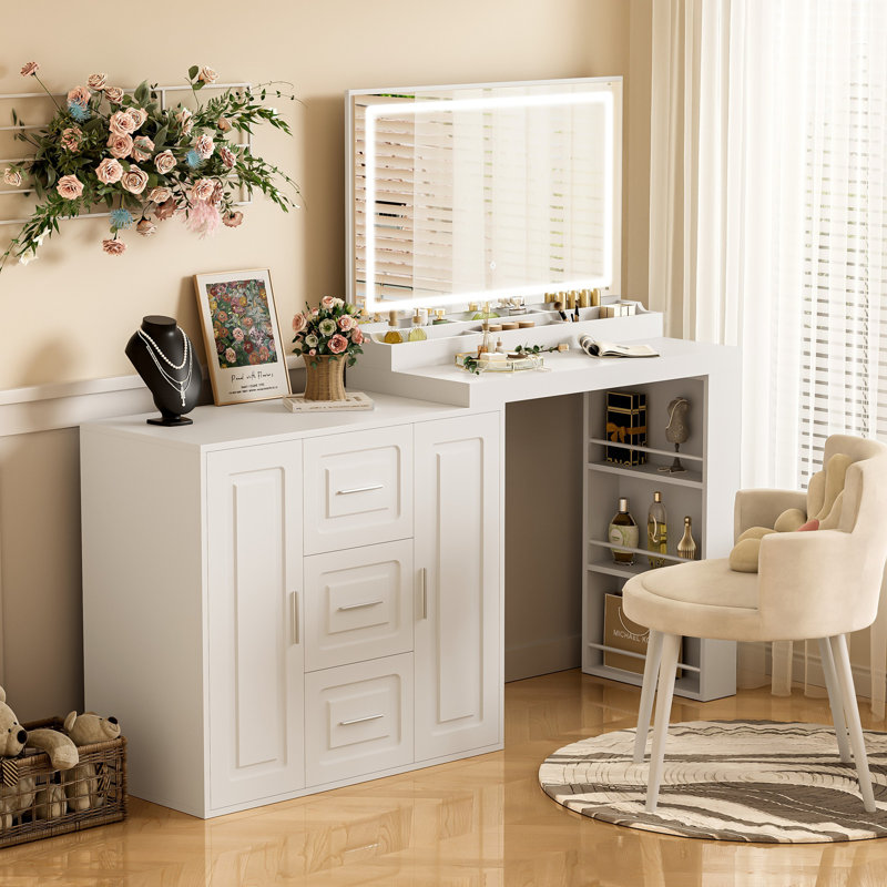 59" Makeup Vanity Desk with Mirror, Vanity Mirror with Lights, Dressing Table with 3 Drawers and 2 Cabinets, Vanity Table with Storage Shelves for Bedroom, White