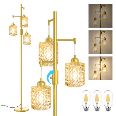 Lampe sur pied en laiton pour le salon, lampe sur pied rétro en verre vert à 3 lumières, base en laiton moderne Mid-Century, lampes sur pied hautes au design rétro