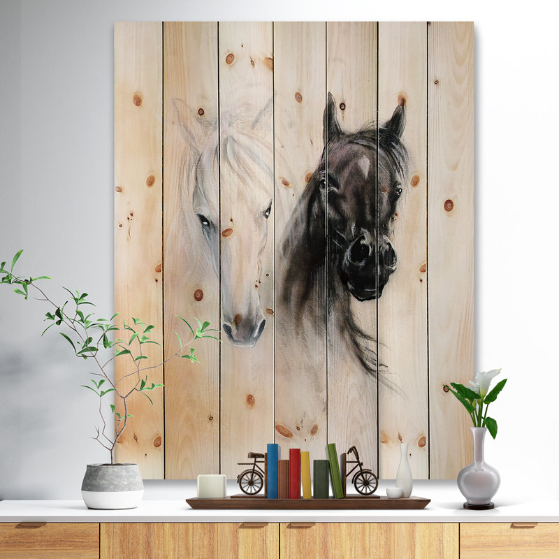Têtes de cheval noir et blanc - Décoration murale traditionnelle en bois - Bois de pin naturel, H 32 po x l 16 po x P 1 po