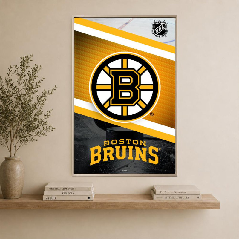 Décoration murale des Bruins de Boston (LNH), 60" H x 40" W, Cadre plat flottant, Champagne