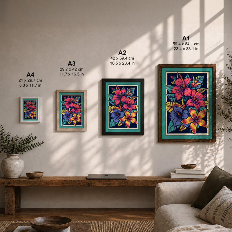 Stained Glass Blooms Botanical - Framed Print, Walnut, A4 - 29.7 x 21.0 cm