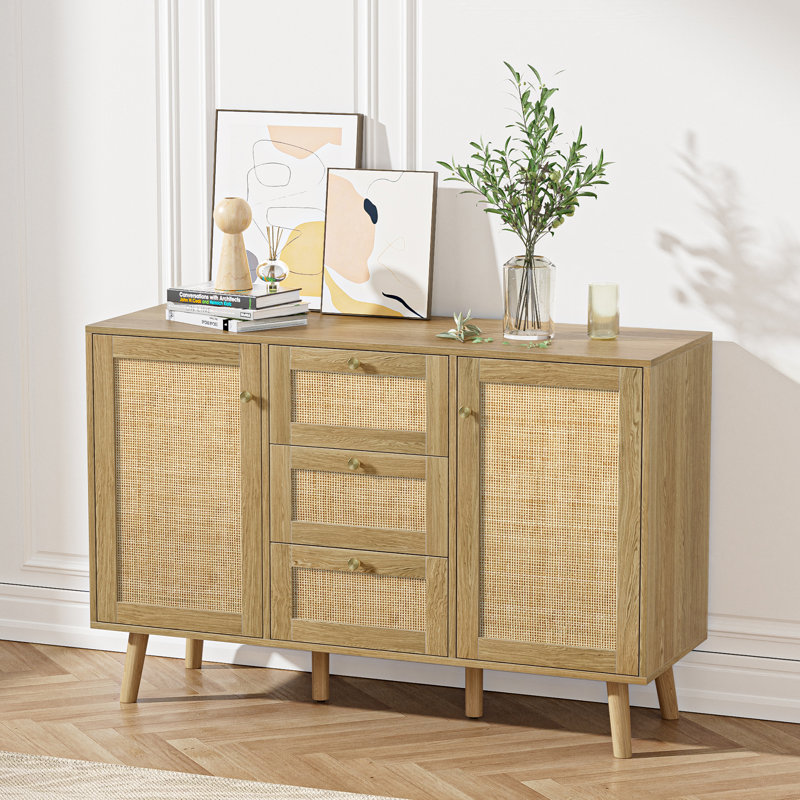 Buffet Mid-Century avec 3 tiroirs et 2 portes en rotin