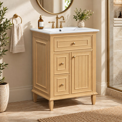 Ensemble de meuble-lavabo simple 24 po avec lavabo en céramique Meridian, meuble-lavabo autoportant moderne avec tiroir rabattable, 2 tiroirs latéraux et quincaillerie dorée