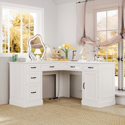 L-Shaped Makeup Vanity Desk With Power Outlets