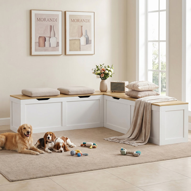 Banc de rangement en L de 63 po, banc de coin-repas avec rangement caché, banc de coin en bois, ensemble de table de coin-repas pour vestibule, salle à manger, cuisine (chêne et blanc)