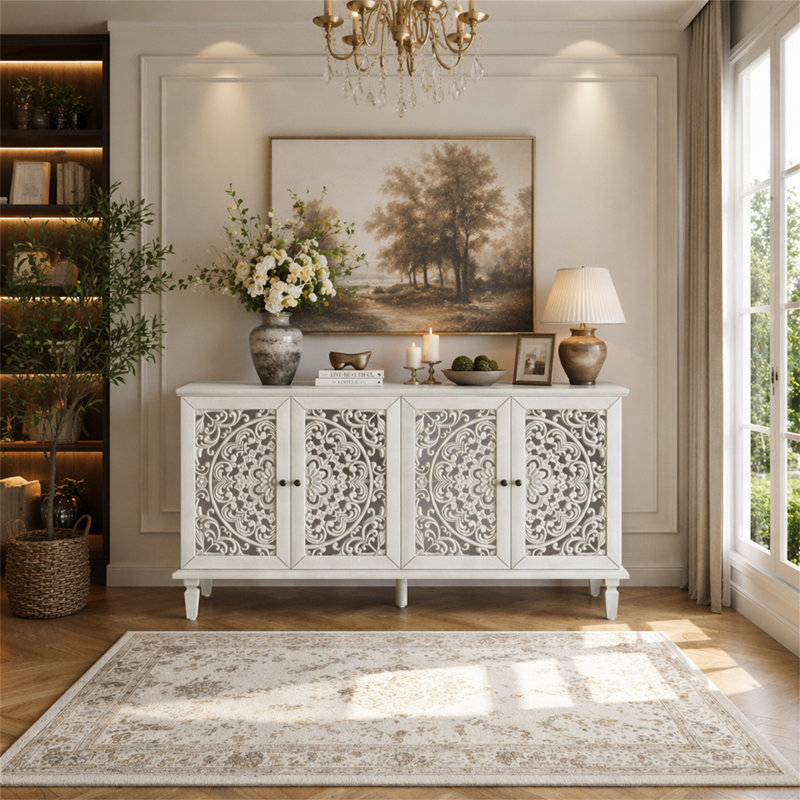 Buffet antique 60 "avec sculptures florales avec pieds en bois massif et poignées en laiton antique et tablettes réglables